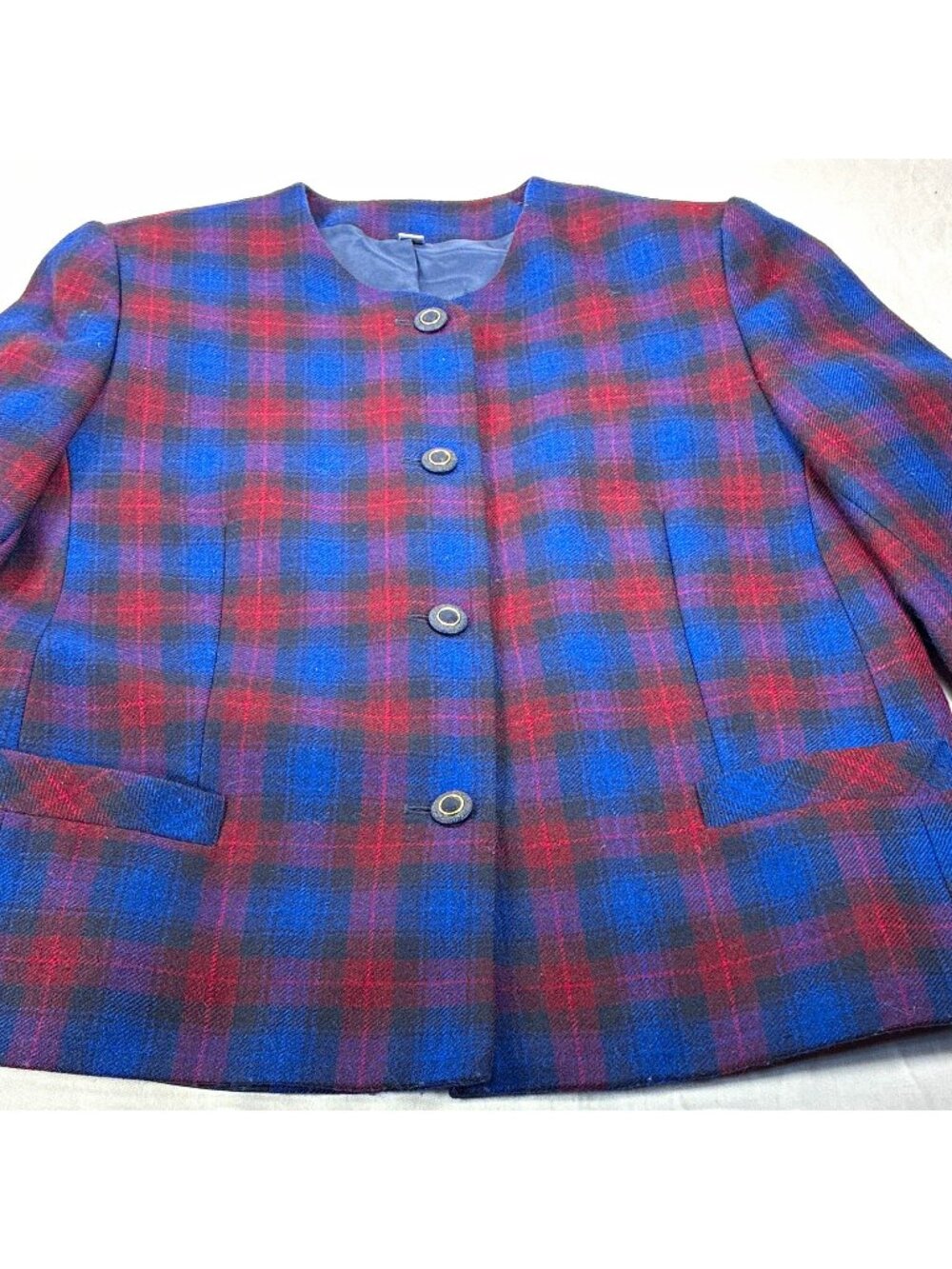VTG Honor Millburn Pure Wool Plaid Blazer Collarless Tartan Jacket Women's 14